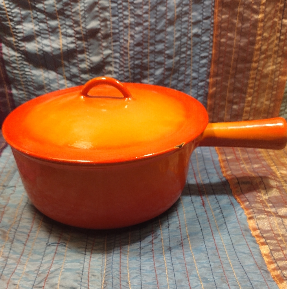 Vintage Orange Enameled Cast Iron Sauce Pan With Lid